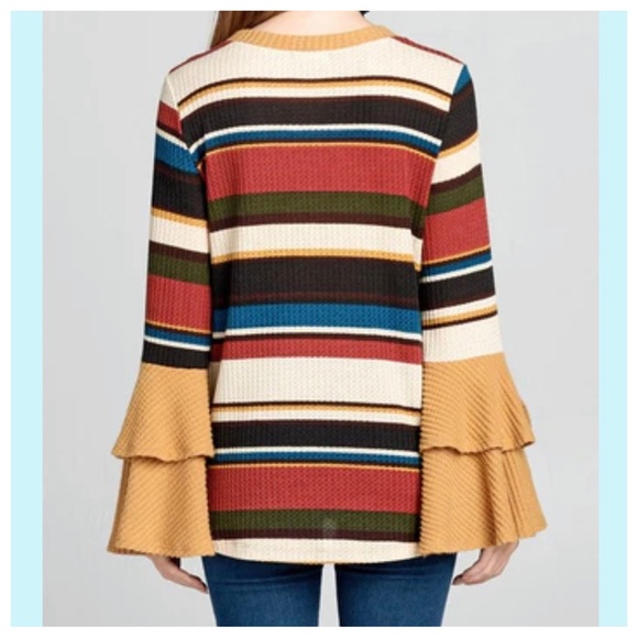 Boho Chic Color Block Multi Stripes Bell Layered Sleeves Top - Picture 2 of 5